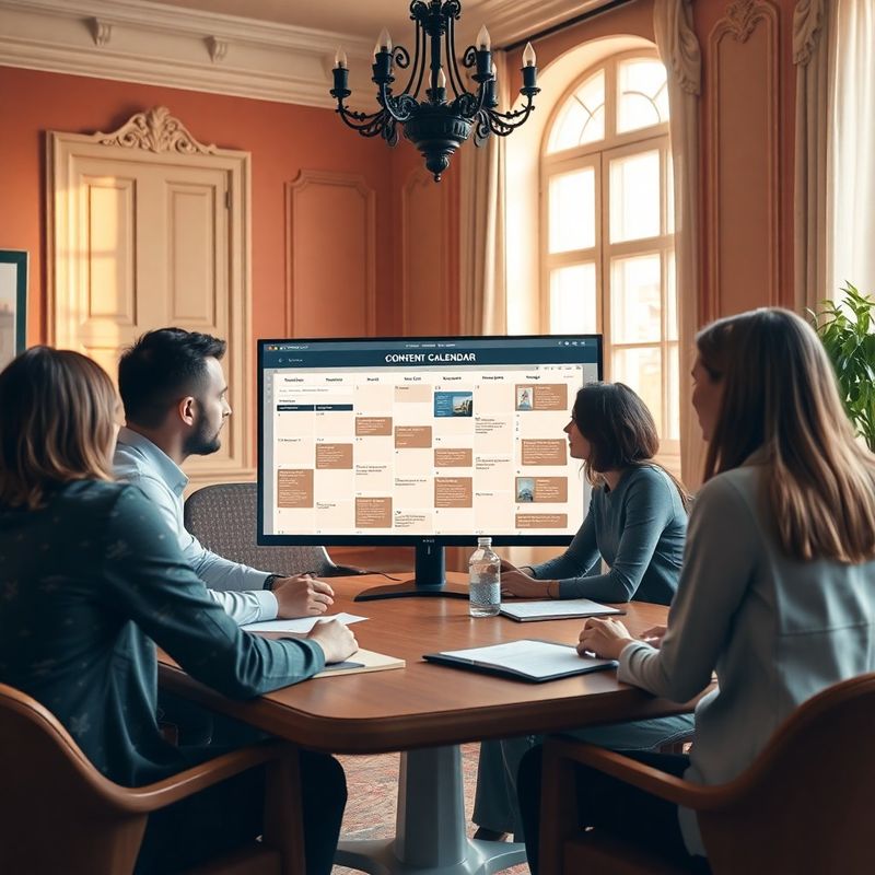 Malý kreativní tým prochází redakční kalendář na velkém monitoru v teplé terakotově-krémové kanceláři