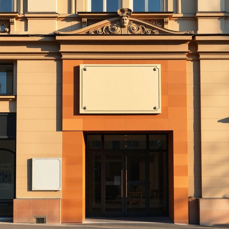 Vchod do středoevropské pouliční kanceláře s terakotovými fasádními obklady a krémovou cedulí