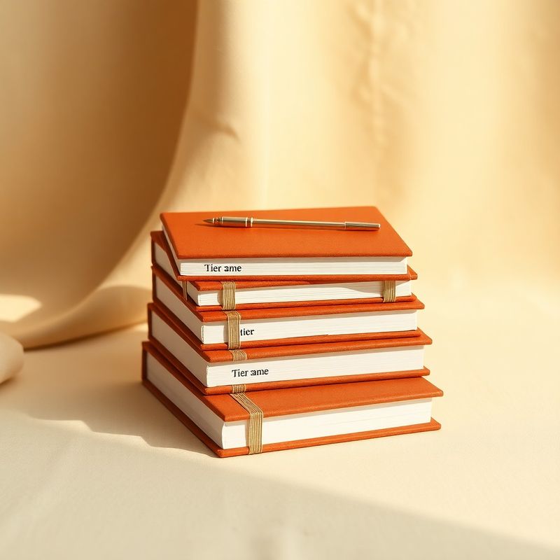 Minimalistické zátiší se třemi naskládanými terakotovými a krémovými notebooky označenými názvy balíčků