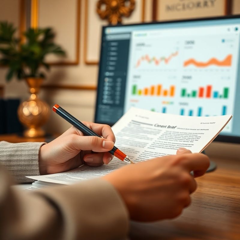 Detail rukou anotujících tištěný obsahový brief perem s terakotovým inkoustem na krémovém papíře