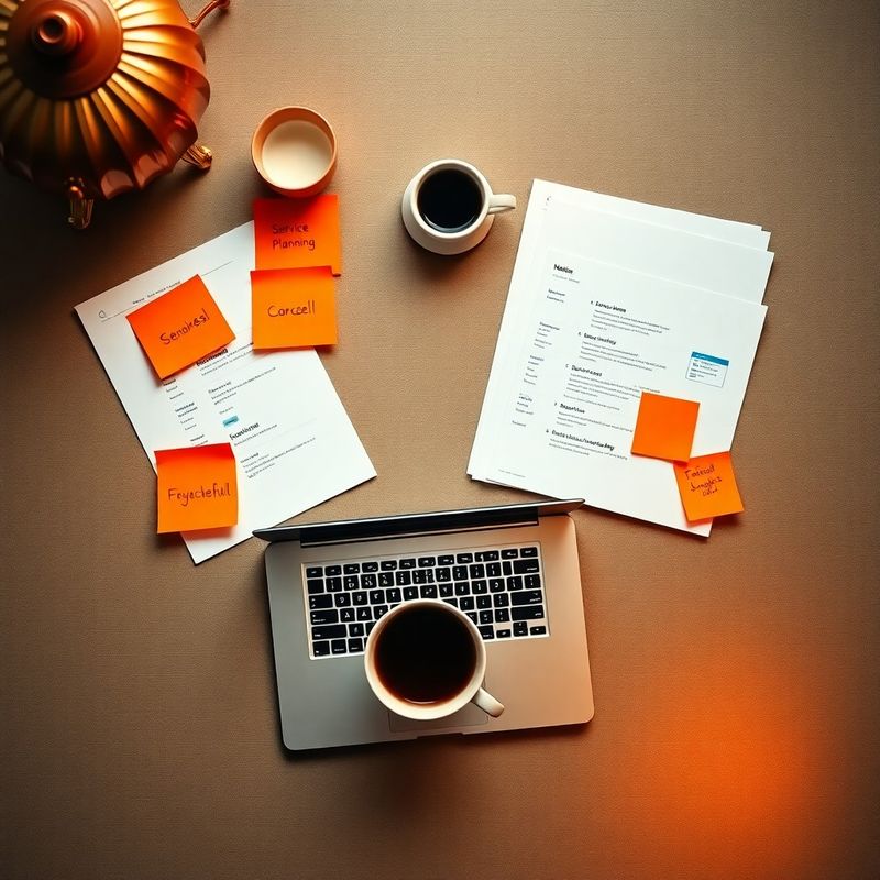 Pohled shora na pracovní stůl s terakotovými lepicími papírky, krémovými listy A4 a notebookem zobrazujícím Notion workflow